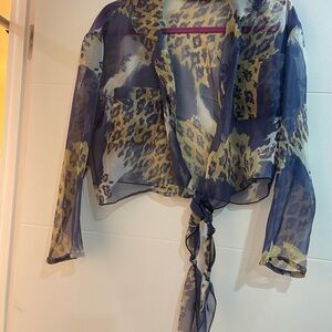 Leopard Print Sheer Tie-Front Blouse